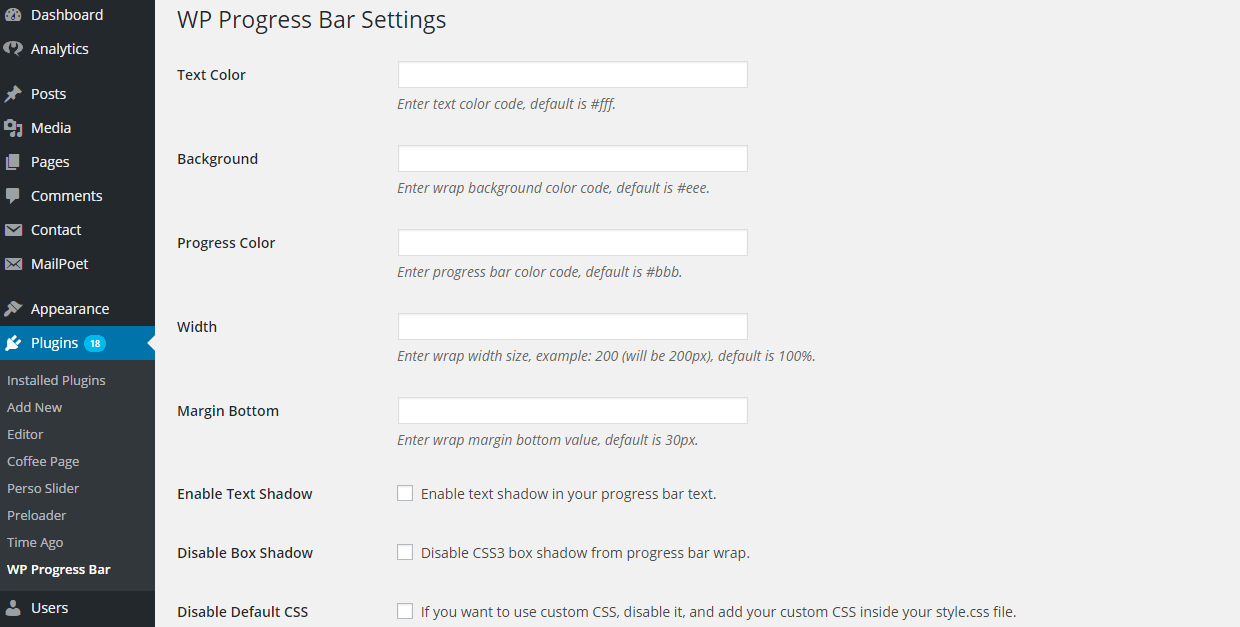 wordpress progress bar settings