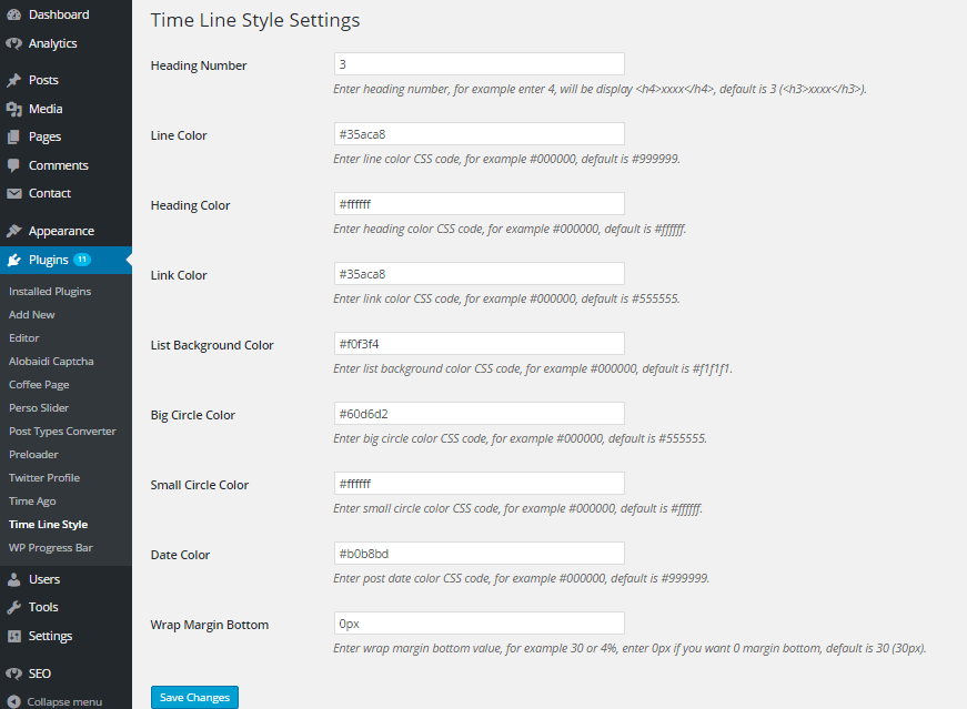 wordpress timeline plugin style settings